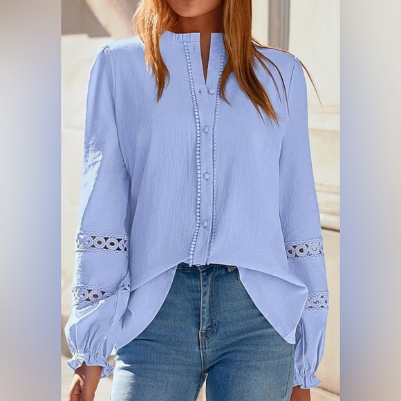 Light Blue Peasant Embroidered Top | Long Sleeve & Buttons | Cotton | M | New - Picture 3 of 14